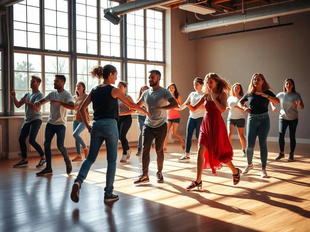 A dynamic image of a dance workshop, with participants moving to the rhythm of music, guided by an instructor, highlighting the physical and expressive benefits of dance.