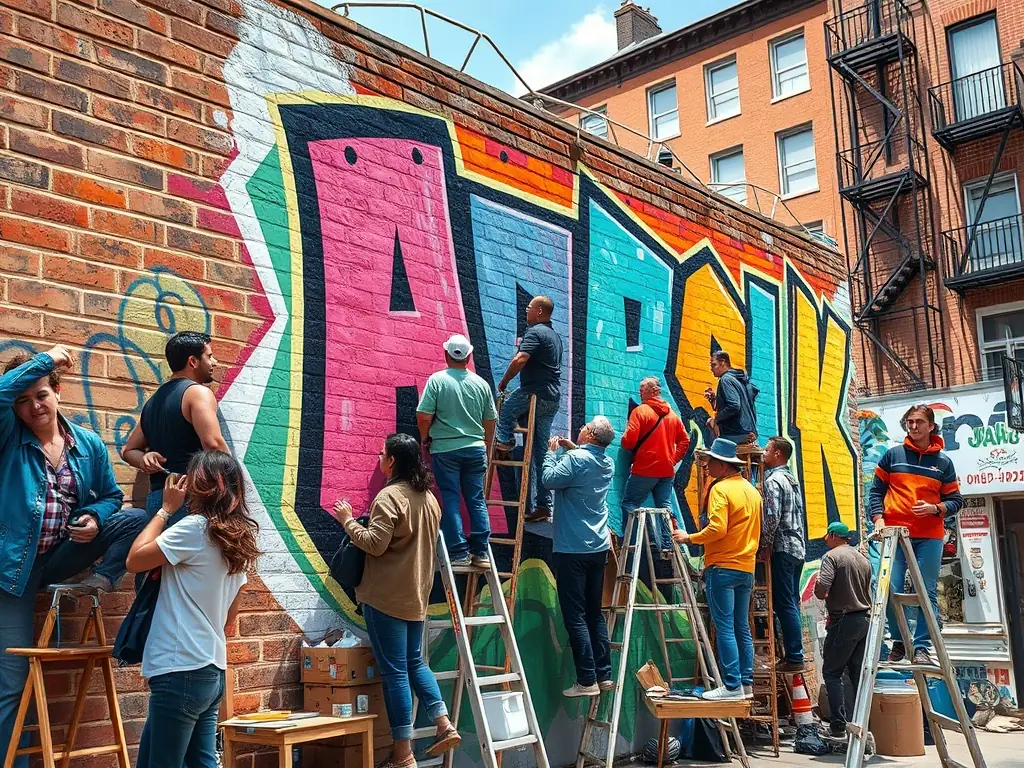 A dynamic image of participants collaborating on a public art installation, adding color and vibrancy to a local neighborhood space.