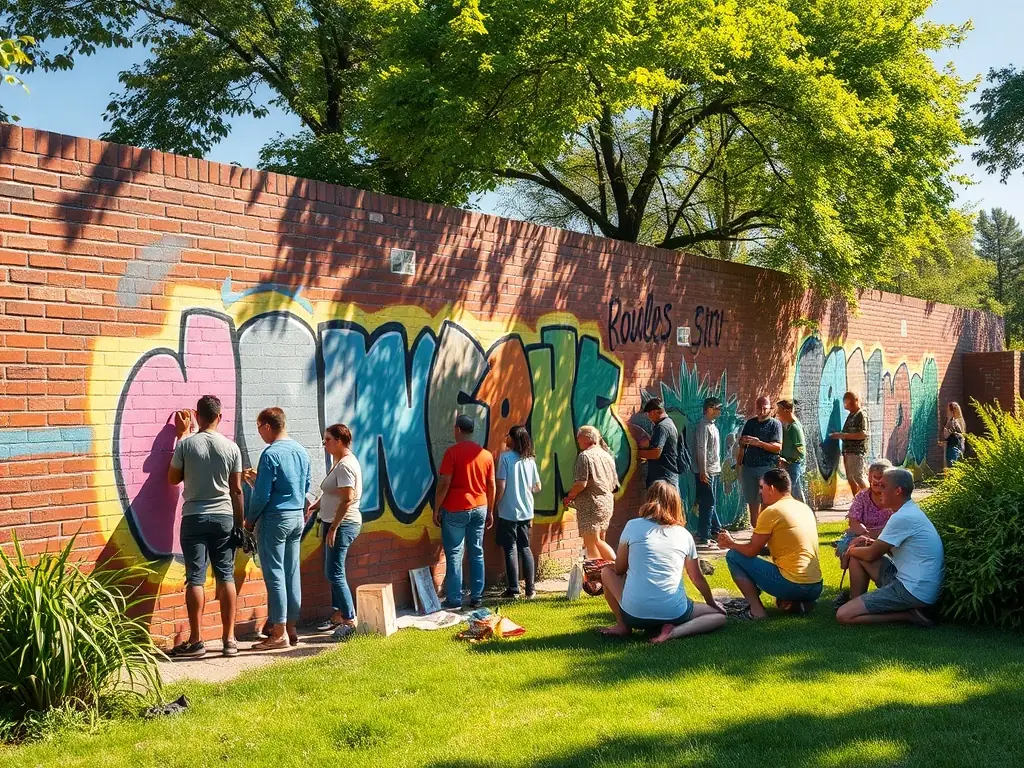 An inspiring image showcasing a CHARLELYSCREATION project that creatively improves a local living space, such as a mural or a community garden, highlighting the positive impact on the environment and community well-being.