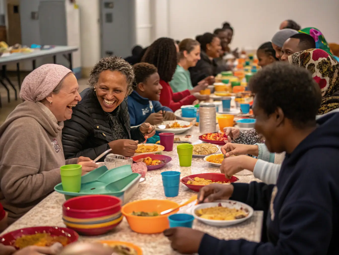 A photograph capturing a group of people of different ages and backgrounds laughing and sharing a meal together at a long table, showcasing a culinary arts gathering.
