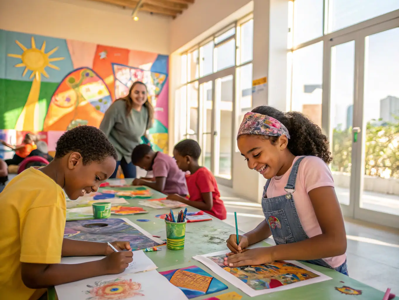 A vibrant image depicting participants of all ages engaged in a collaborative art project during a CHARLELYSCREATION community workshop, showcasing creativity and community spirit.