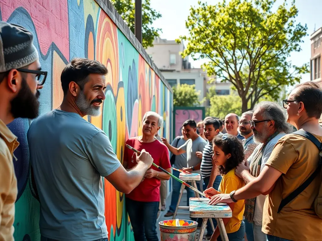 A group of diverse community members participating in a collaborative art project, painting a large mural together in a vibrant outdoor setting, showcasing community engagement and artistic expression.