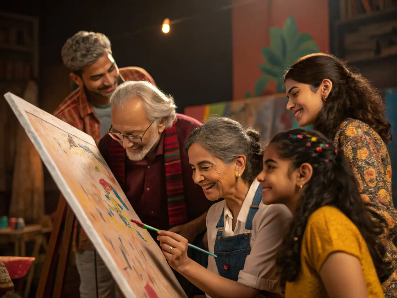 A vibrant image of diverse community members engaged in a painting workshop outdoors, with colorful artworks and smiling faces.